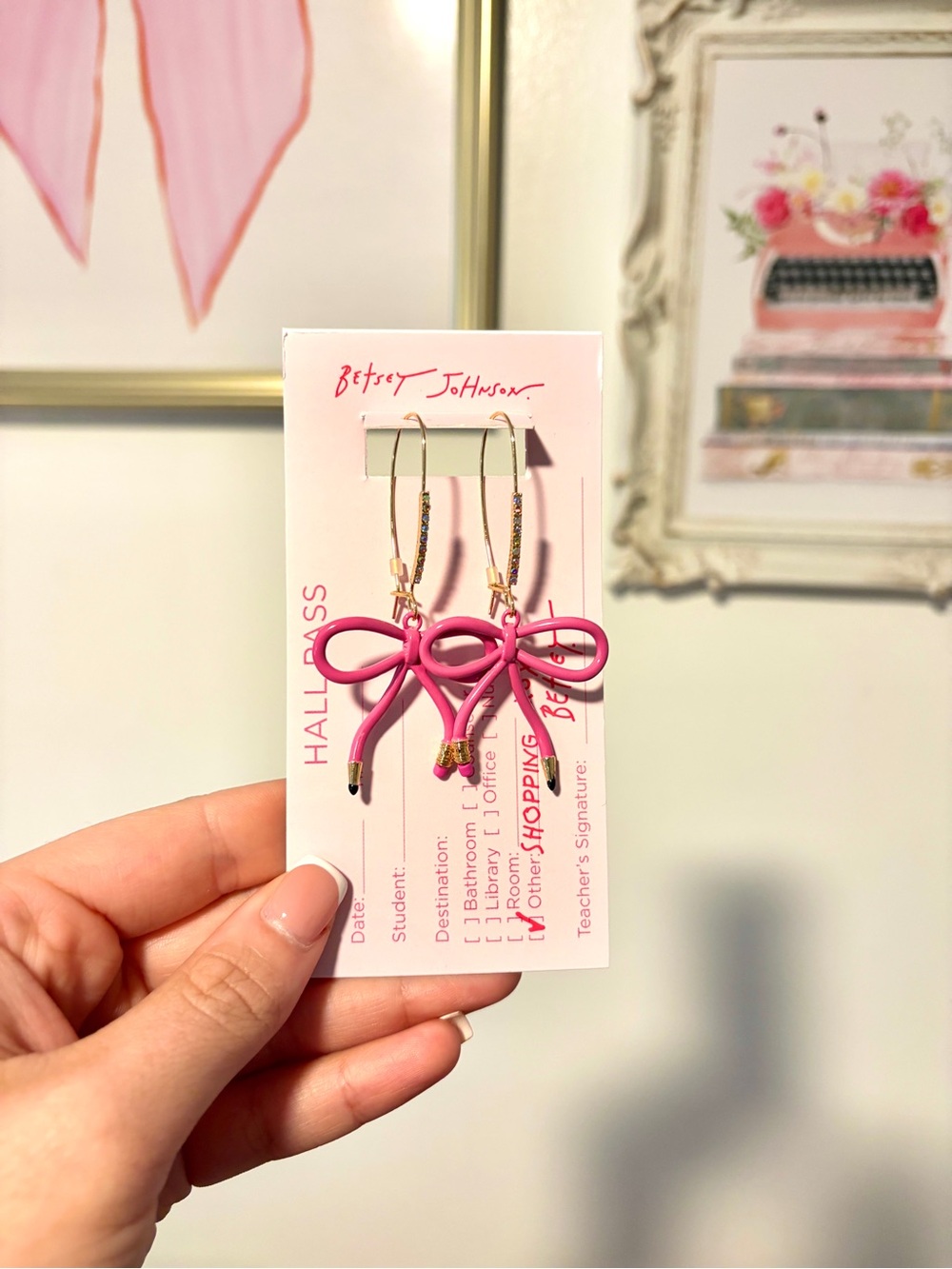 NWT ✨ Betsey Johnson Hot Pink Pencil Bow Dangle Earrings